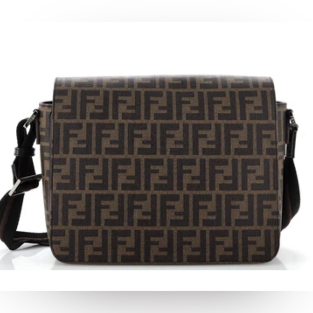Fendi Mens Flap Messenger Bag Zucca Coated Canvas Medium